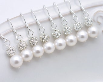 7 Pairs Bridesmaid Earrings, 7 Pairs Sterling Silver Earrings, Pearl and Rhinestone, Pearl and Crystal, 7 Bridesmaid Gifts 0061
