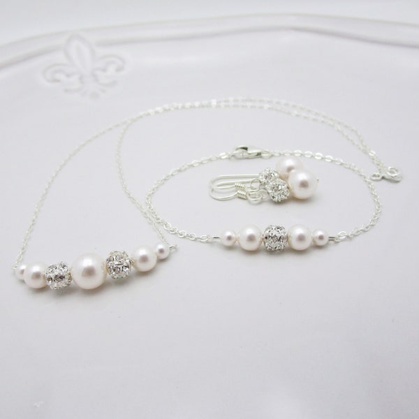 Bridesmaid Jewelry Set, Pearl Necklace and Bracelet and Earrings, Set of 2 3 4 5 6 Bridesmaid Sets 6038
