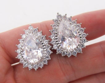 Clip On Teardrop Bridal Earrings, Clip-on Large Crystal Teardrop Non Pierced, Wedding or Prom 6022