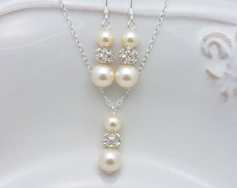 Set of 4 Bridesmaid Necklaces and Earrings, 4 Ivory Pearl Bridesmaid Sets, Cream Pearl and Rhinestone 0238