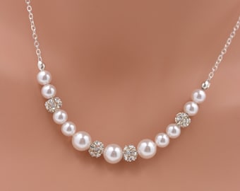 Pearl and Rhinestone Bridal Necklace - Sterling Silver Chain, Crystal and White Pearl Wedding Necklace 0232