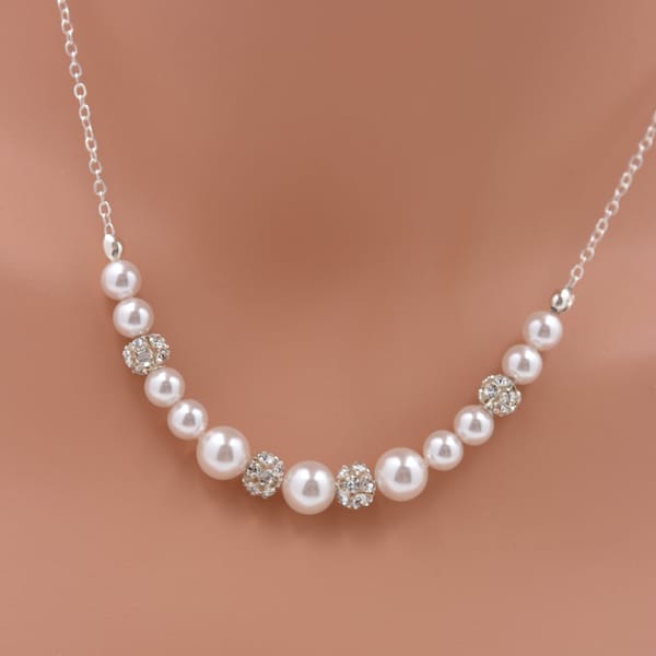 Pearl and Rhinestone Bridal Necklace - Sterling Silver Chain, Crystal and White Pearl Wedding Necklace 0232