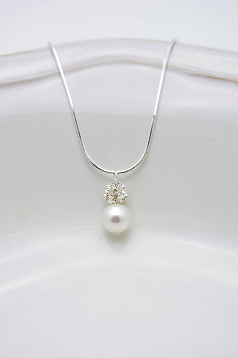 Pearl and Rhinestone Crystal Necklace, Bridal Necklace with Sterling Silver Snake Chain 0358 image 3