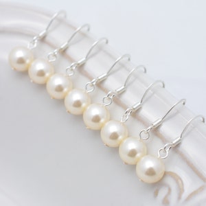 6 Pairs Ivory Pearl Silver Earrings, Cream Pearl Bridesmaid Earrings 0110