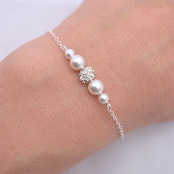 Set of 7 Pearl and Rhinestone Bridesmaid Bracelets, Floating Pearl and Crystal with Sterling Silver Chain 0224