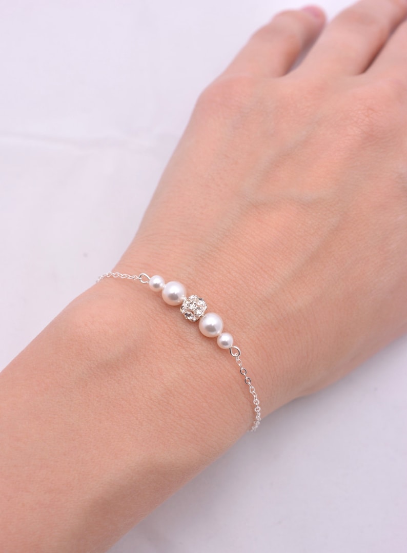 Pearl and Rhinestone Bridal Bracelet, White Ivory Wedding, Floating Pearl Crystal image 3