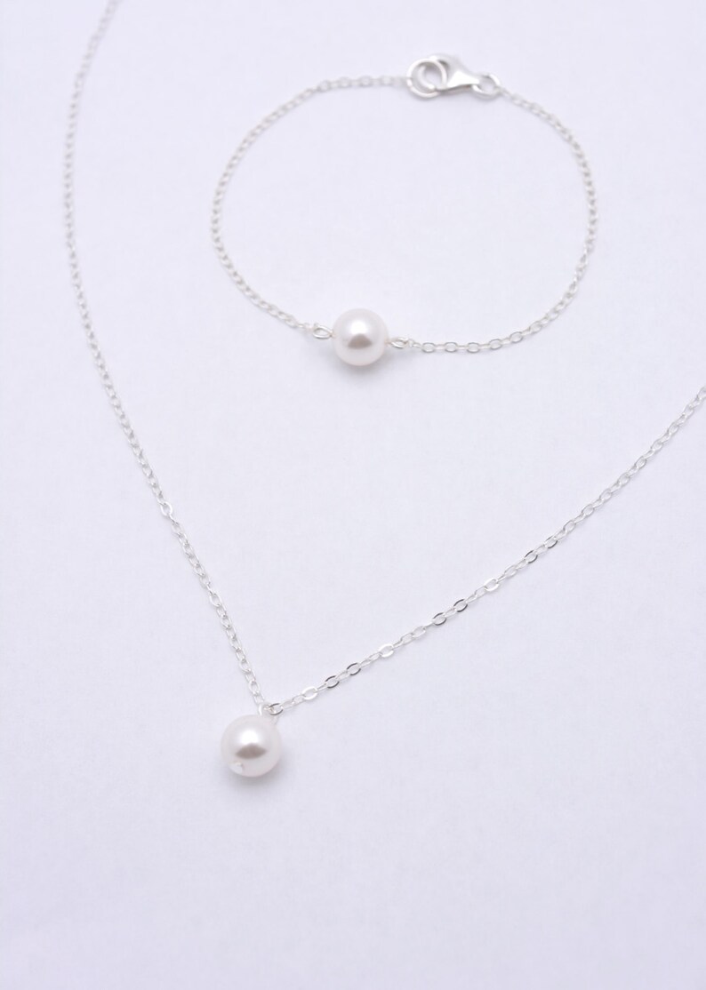 Bridesmaid Pearl Jewelry Set, Sterling Silver Necklace and Bracelet Set with Crystal Pearls 0169 image 4