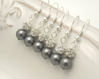 5 Pairs Gray Bridesmaid Earrings, 5 Pairs Dark Grey Pearl Earrings, Charcoal Grey Pearl Earrings, Pearl and Crystal Bridesmaid Earrings 0130
