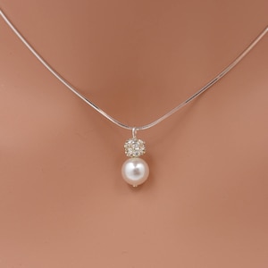 Pearl and Rhinestone Crystal Necklace, Bridal Necklace with Sterling Silver Snake Chain 0358 image 1