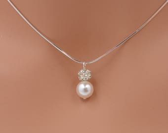 Pearl and Rhinestone Crystal Necklace, Bridal Necklace with Sterling Silver Snake Chain 0358