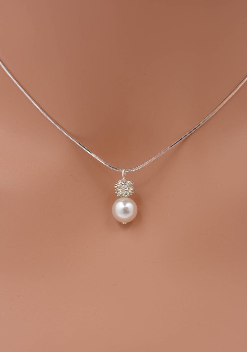 Pearl and Rhinestone Crystal Necklace, Bridal Necklace with Sterling Silver Snake Chain 0358 image 1