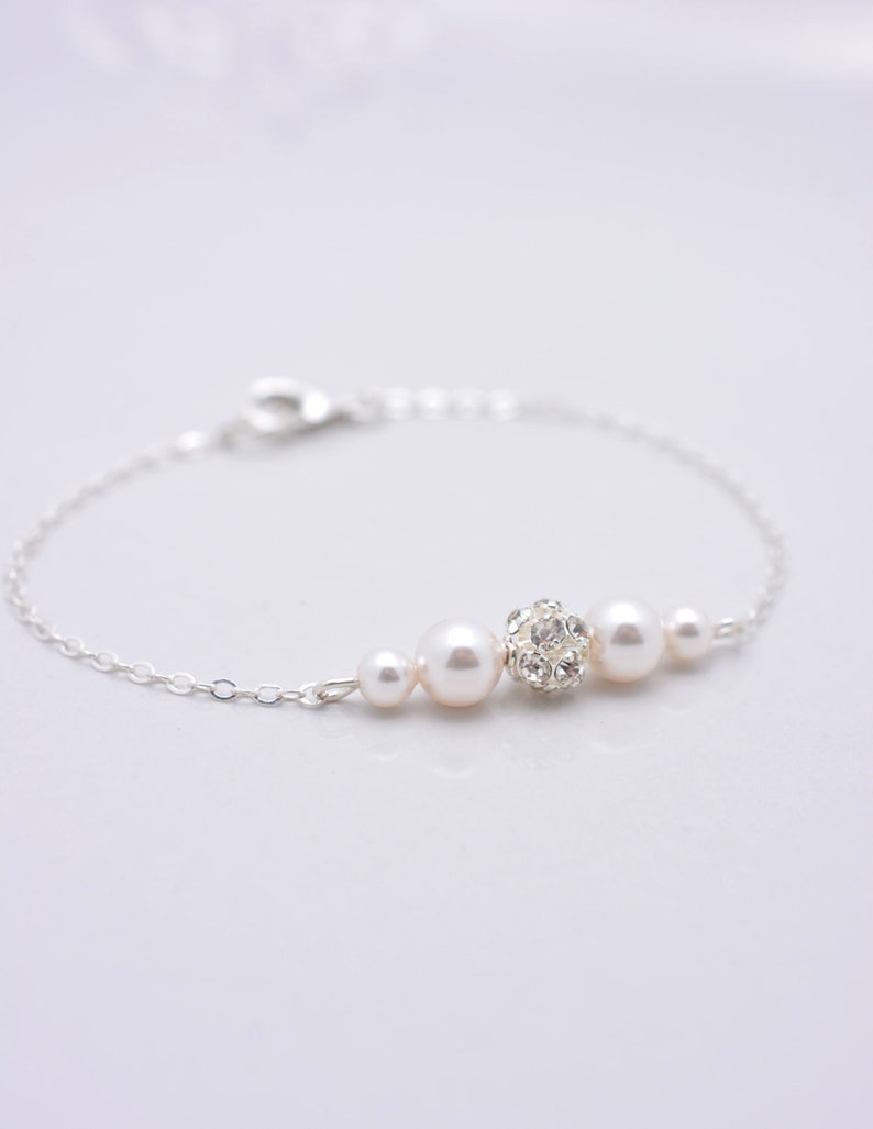 Pearl and Rhinestone Bridal Bracelet, White Ivory Wedding, Floating Pearl Crystal image 1