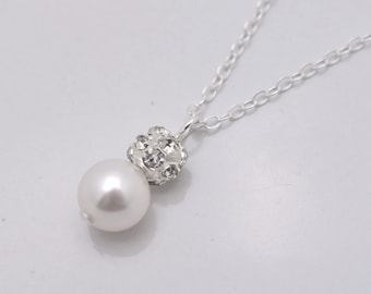 Pearl and Rhinestone Necklace, Crystal and Pearl Pendant Bridesmaid Bridal Necklace, Sterling Silver Chain 0192