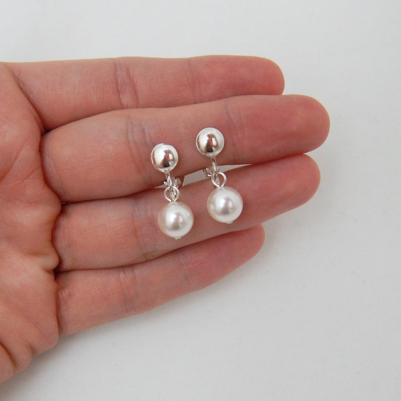 Sterling Silver Clip On Earrings, Clipon Bridesmaids Earrings, Pearl Clip-on 00611 image 3