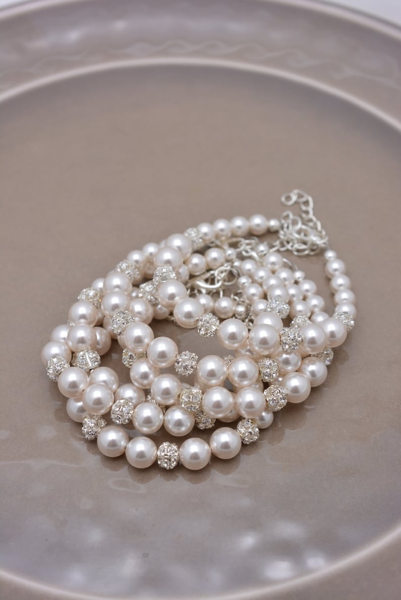 Set of 6 Pearl Bridesmaid Bracelets, Rhinestone and Crystal Adjustable 0210 image 2