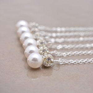 Set of 4 Pearl and Rhinestone Bridesmaid Necklaces, Pearl and Crystal Pendant Bridesmaid Jewelry Gift 0192 image 1