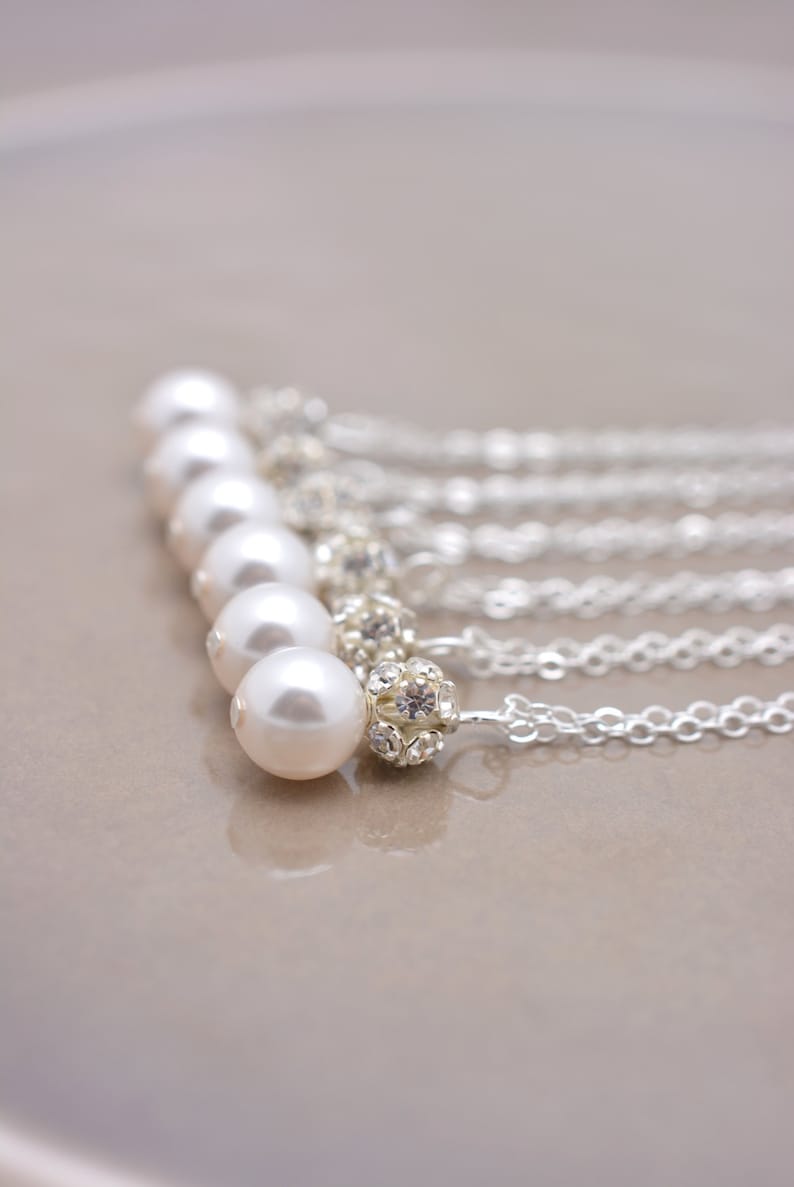 Set of 4 Pearl and Rhinestone Bridesmaid Necklaces, Pearl and Crystal Pendant Bridesmaid Jewelry Gift 0192 image 1