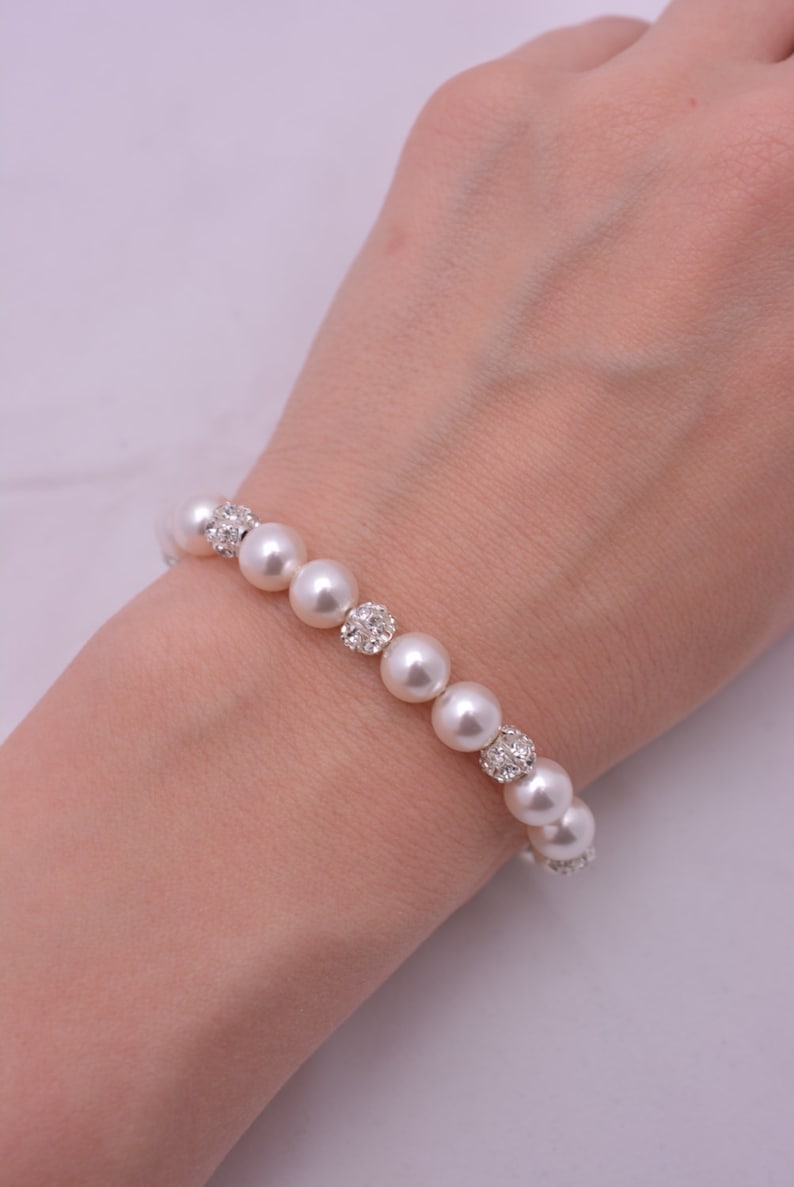 Set of 6 Pearl Bridesmaid Bracelets, Rhinestone and Crystal Adjustable 0210 image 4