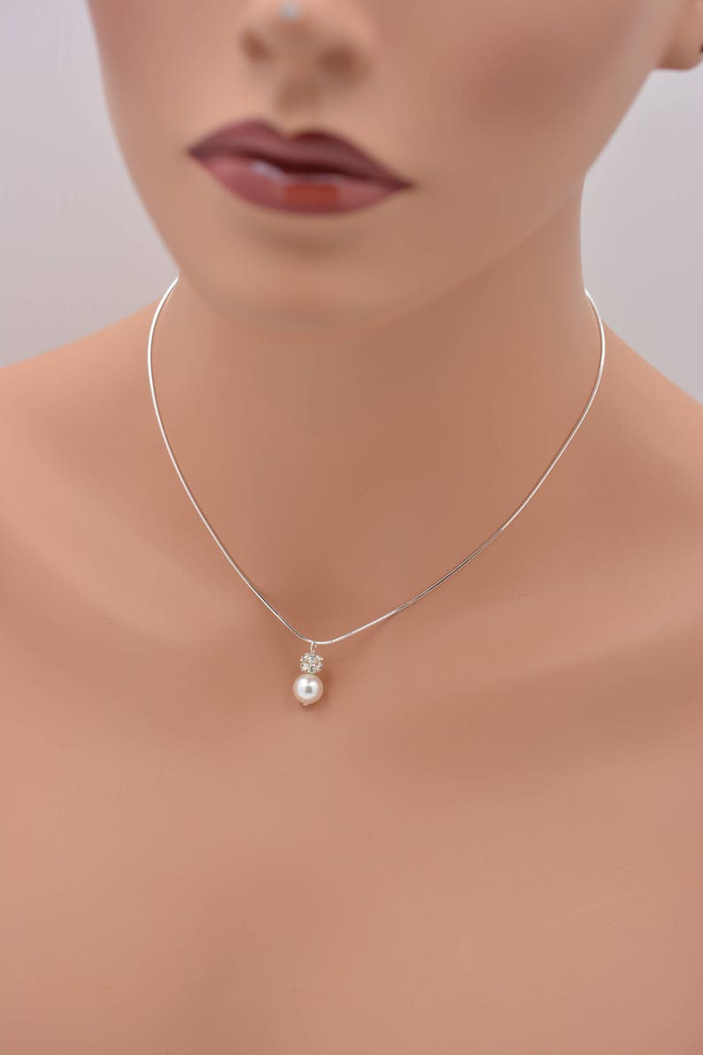 Pearl and Rhinestone Crystal Necklace, Bridal Necklace with Sterling Silver Snake Chain 0358 image 5