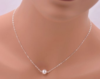 Set of 9 Bridesmaid Floating Pearl Necklaces, Single Pearl 925 Sterling Silver 0084