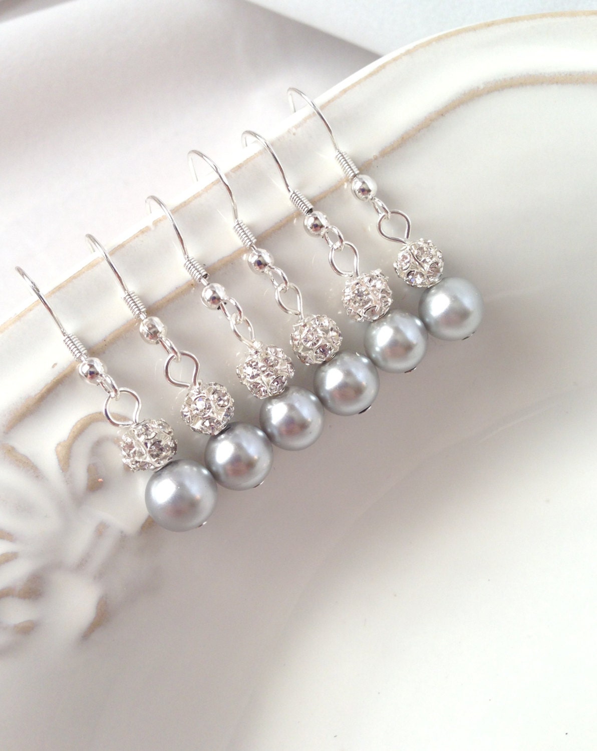 5 Pairs Grey Pearl Earrings, Silver Pearl Earrings, Light