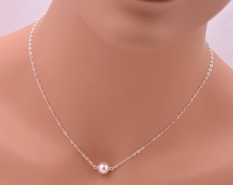 Set of 6 Bridesmaids Floating Pearl Necklaces, Sterling Silver with Ivory or White Pearl 0084