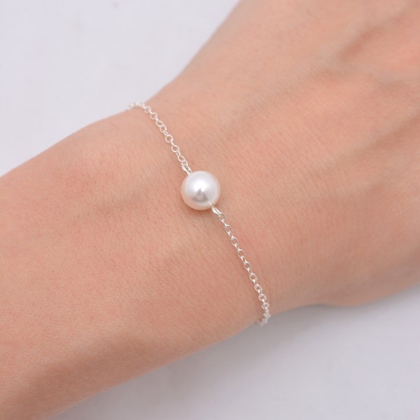 Single Pearl Bracelet, Sterling Silver Bracelet, One Pearl Bracelet, Bridesmaid Bracelet, Floating Pearl Bracelet, Bridal Bracelet 0165