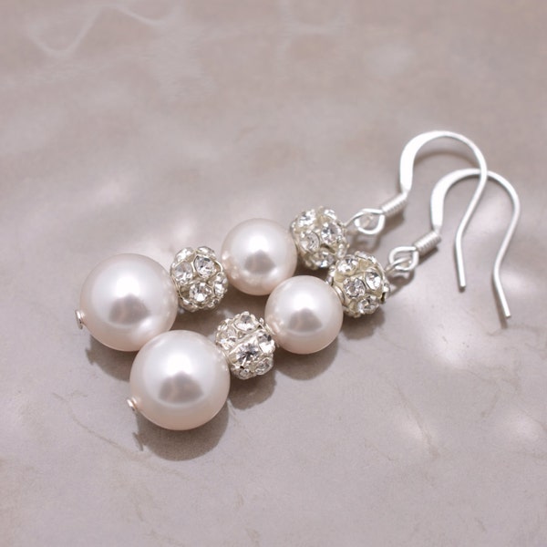 Long Pearl Bridal Earrings, Pearl and Crystal Wedding Earrings, Sterling Silver 0031