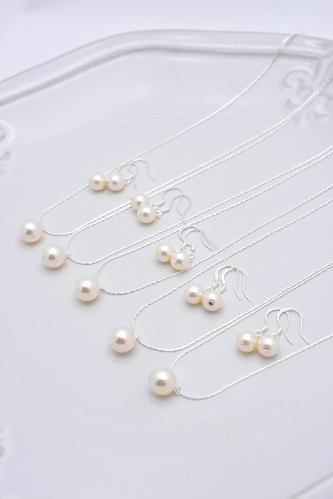 Set of 5 Bridesmaid Ivory Pearl Sets, 5 Ivory Pearl Necklaces and