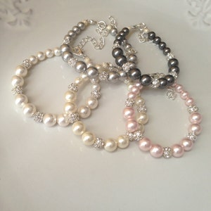 Set of 6 Pearl Bridesmaid Bracelets, Rhinestone and Crystal Adjustable 0210 image 5