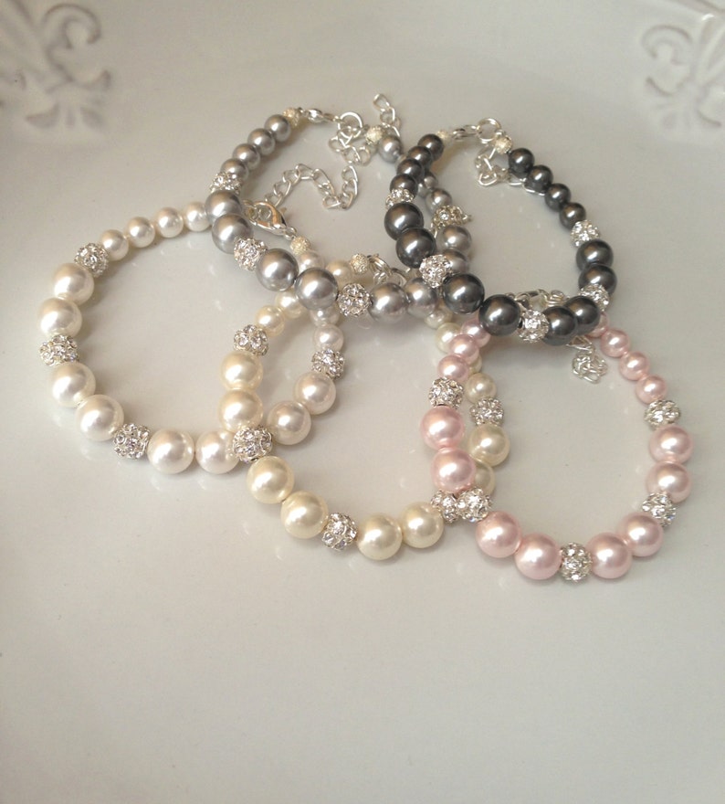 Set of 6 Pearl Bridesmaid Bracelets, Rhinestone and Crystal Adjustable 0210 image 5