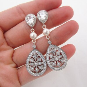 Unique Crystal Teardrop Earrings, Ornate Drop Wedding Earrings with Pearls 6050