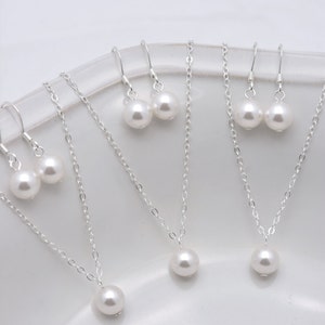 Set of 5 Bridesmaid Necklace and Earring Sets, 5 Pearl Bridesmaid Sets, Single Pearl Necklace, 5 Pearl Sets - Sterling Silver Jewelry 0133