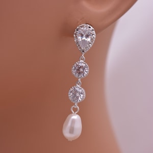 Pearl Bridal Earrings, Long Pearl Drop Earrings, Pearl and Rhinestone Wedding Earrings, Crystal Earrings, Pearl Dangle Earrings 0295