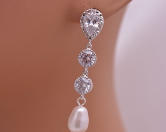 Pearl Bridal Earrings, Long Pearl Drop Earrings, Pearl and Rhinestone Wedding Earrings, Crystal Earrings, Pearl Dangle Earrings 0295