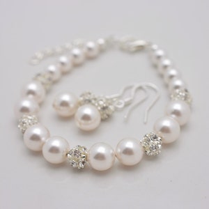 Pearl Bridal Bracelet and Earring Set, Pearl and Rhinestone Wedding Jewelry Set 0348 image 1