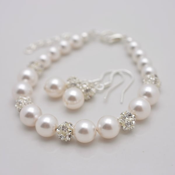 Pearl Bridal Bracelet and Earring Set, Pearl and Rhinestone Wedding Jewelry Set 0348