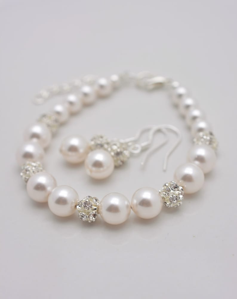 Pearl Bridal Bracelet and Earring Set, Pearl and Rhinestone Wedding Jewelry Set 0348 image 1