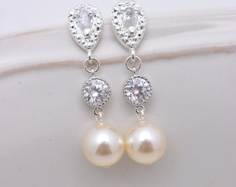 Ivory Pearl Bridal Earrings, Cream Pearl and Rhinestone Wedding, Pearl Drop Prom Earrings