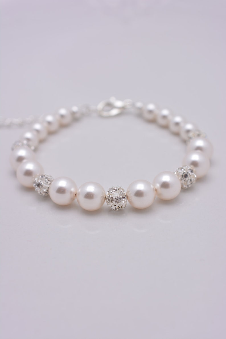 Pearl and Rhinestone Wedding Bracelet, Adjustable Bridesmaid Pearl Bridal Bracelet 0210 image 1