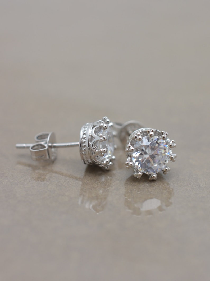 Bridal Stud Earrings, Crystal Stud Earrings, Crown Stud Earrings, CZ Post Earrings, Bridesmaid Wedding Earrings 0274 image 1