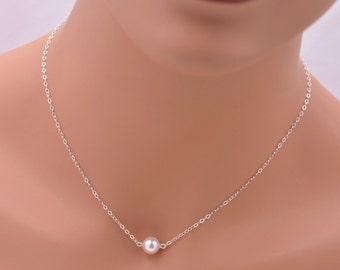 Set of 3 Floating Pearl Necklaces, 3 Bridesmaids Sterling Silver Solitaire Pearl, Ivory and White 0084