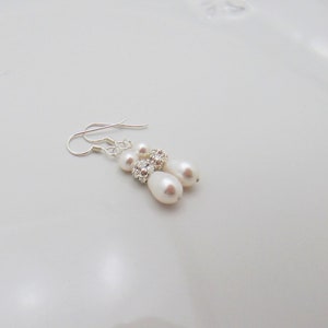 Sterling Silver Bridal Earrings, Pearl Drop Wedding Earrings, Teardrop Pearl and Rhinestone 0393 afbeelding 7