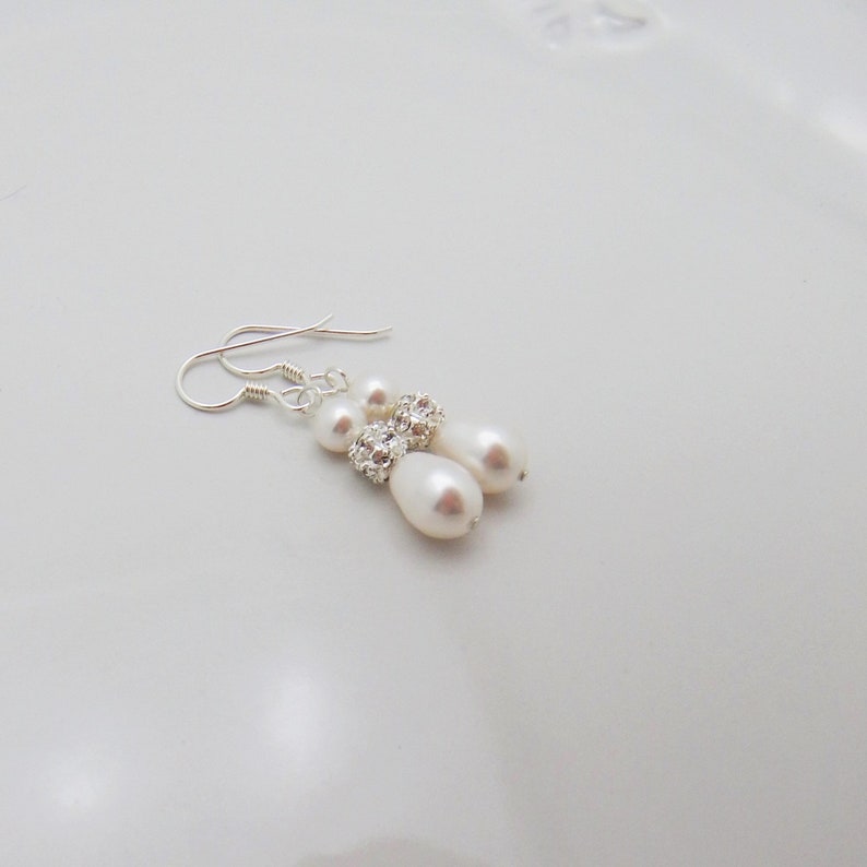 Sterling Silver Bridal Earrings, Pearl Drop Wedding Earrings, Teardrop Pearl and Rhinestone 0393 afbeelding 7