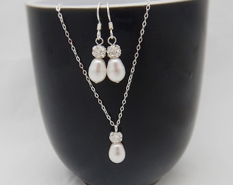 Sterling Silver Bridal Jewelry Set, Pearl Drop Earrings and Necklace 0390