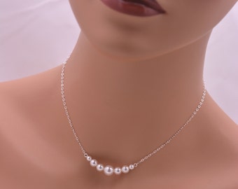 Set of 7 Silver Necklaces, 7 Bridesmaid Necklaces, 925 Sterling Silver Pearl Bar Necklace, Floating Pearl Necklace 0305