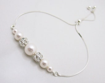 Adjustable Pearl Bridal Bracelet, Sterling Silver Adjustable Clasp Wedding Bracelet 0445