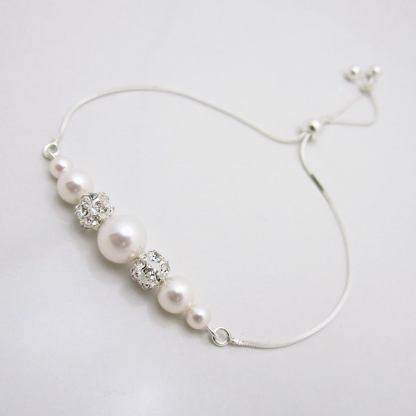 Adjustable Pearl Bridal Bracelet, Sterling Silver Adjustable Clasp Wedding Bracelet 0445
