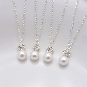 Set of 4 Pearl and Rhinestone Bridesmaid Necklaces, Pearl and Crystal Pendant Bridesmaid Jewelry Gift 0192 image 4