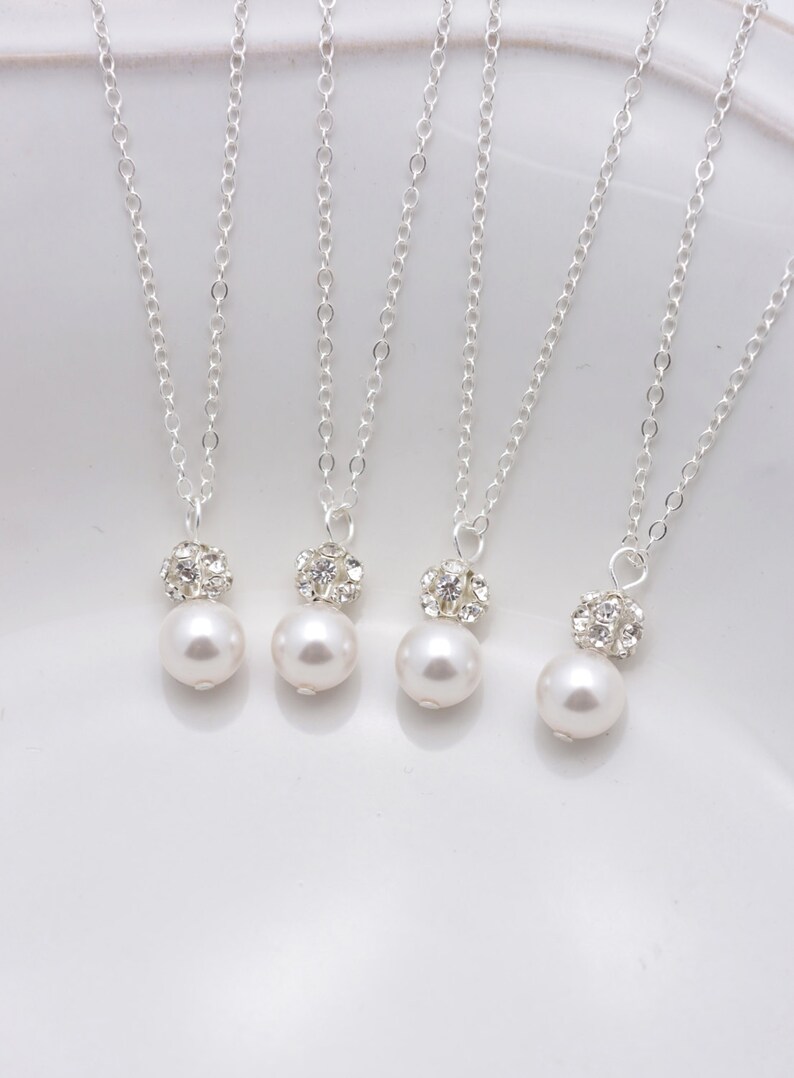 Set of 4 Pearl and Rhinestone Bridesmaid Necklaces, Pearl and Crystal Pendant Bridesmaid Jewelry Gift 0192 image 4